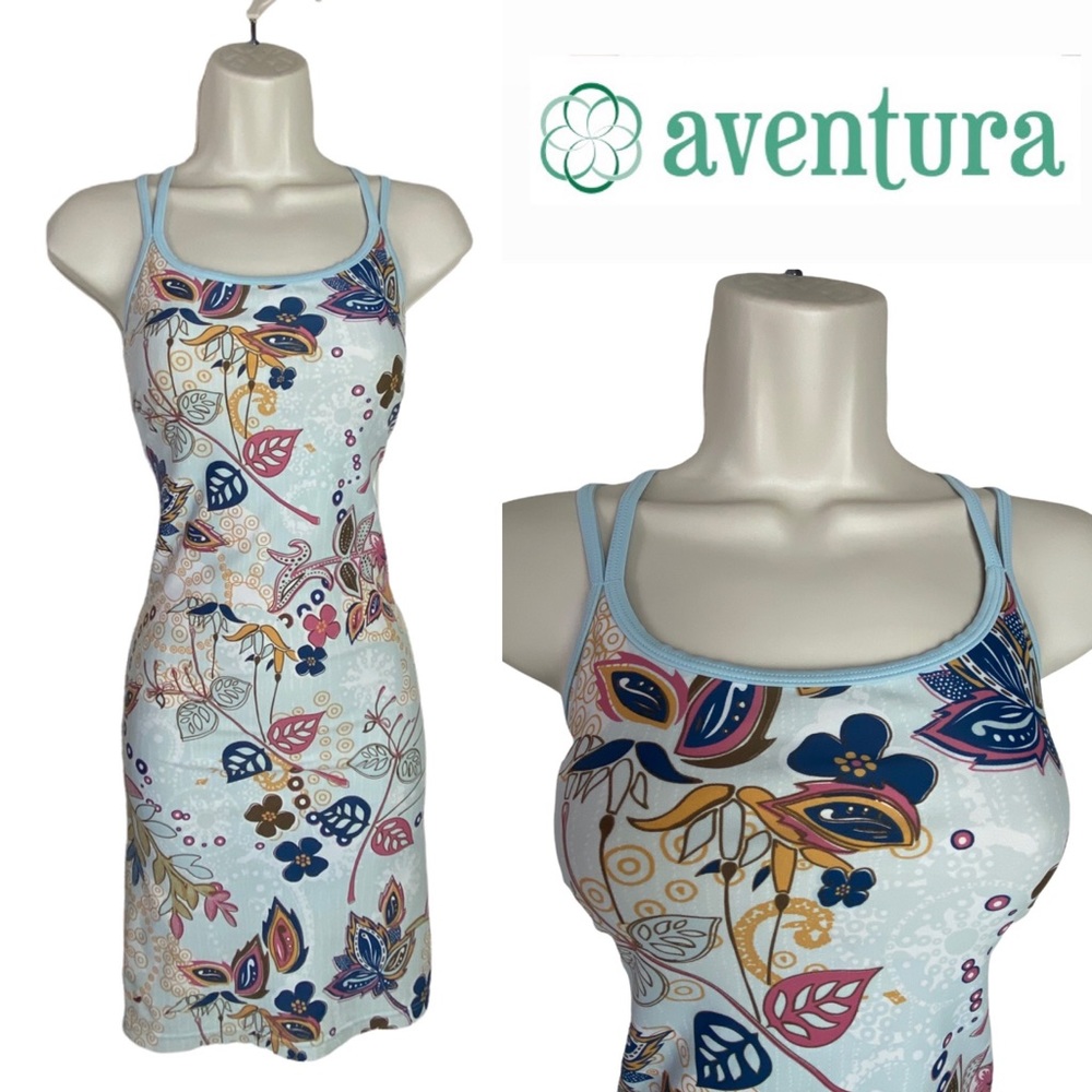 Aventura BLUE Floral Fit Flare Stretch Double Strap Athleisure Tank Dress Wmn Sm - Picture 2 of 16